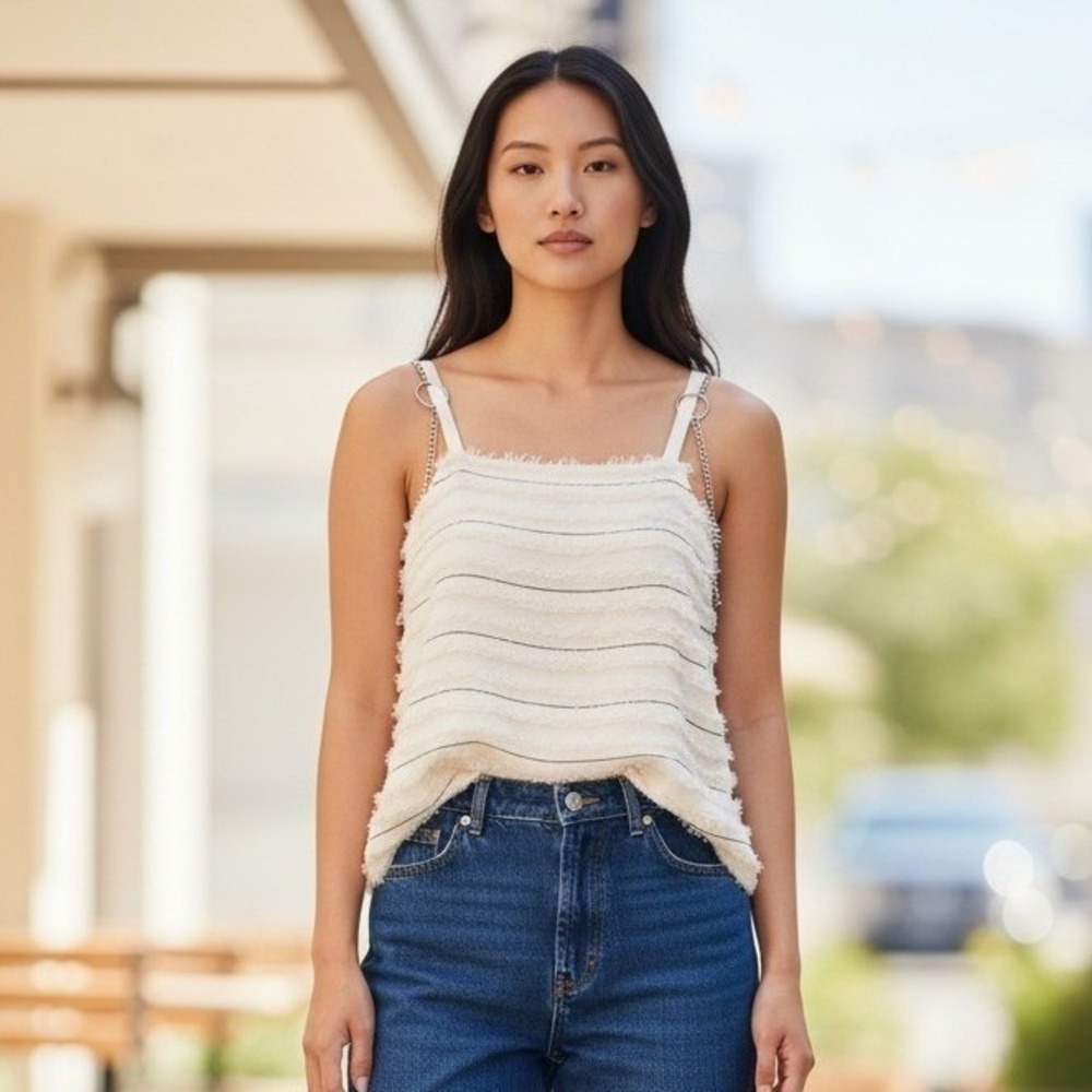 Maeve Anthropologie Quinn Cami Women Size 4 Ivory Eyelash Fringe Boho‎ Coastal